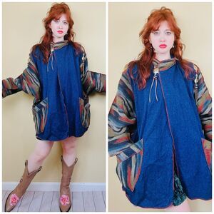 1990s Vintage Denim Southwestern Cocoon Coat / 90s / Western Wool / Size Large